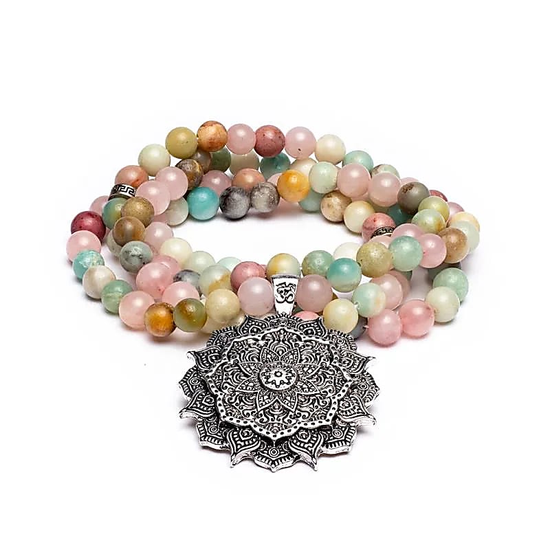 Edelstein Mala Rosenquarz/ Amazonit/ Rhodonit / Lotus