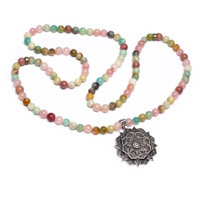 Edelstein Mala Rosenquarz/ Amazonit/ Rhodonit / Lotus